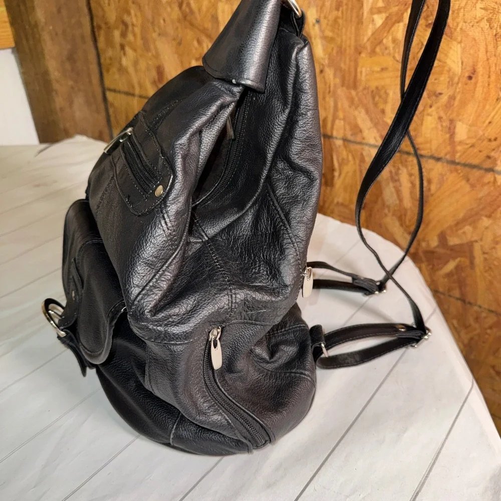 Black Faux Leather Backpack/Slouch Shoulder Bag Moto Biker‎ Punk Grunge Hipster